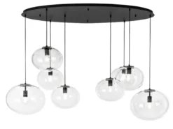 Große LED Pendelleuchte achtflammig Kugel Glasschirme transparent Breite 166cm
