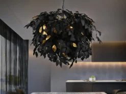 Große LED Pendelleuchte Blätter Lampenschirm Schwarz Gold, Ø 70cm