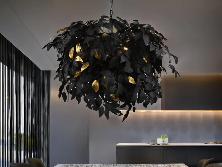 Große LED Pendelleuchte Blätter Lampenschirm Schwarz Gold, Ø 70cm
