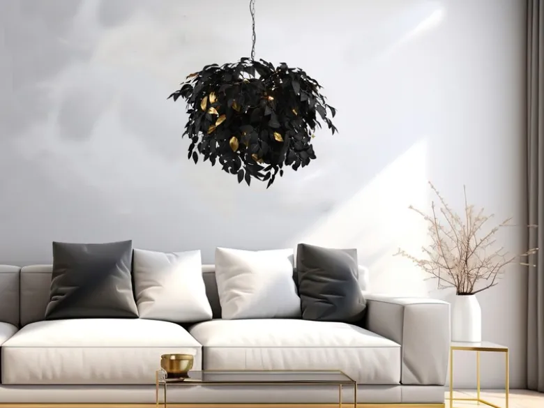 Große LED Pendelleuchte Blätter Lampenschirm Schwarz Gold, Ø 70cm