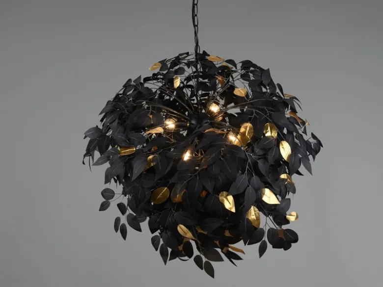 Große LED Pendelleuchte Blätter Lampenschirm Schwarz Gold, Ø 70cm