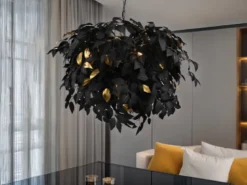 Große LED Pendelleuchte Blätter Lampenschirm Schwarz Gold, Ø 70cm