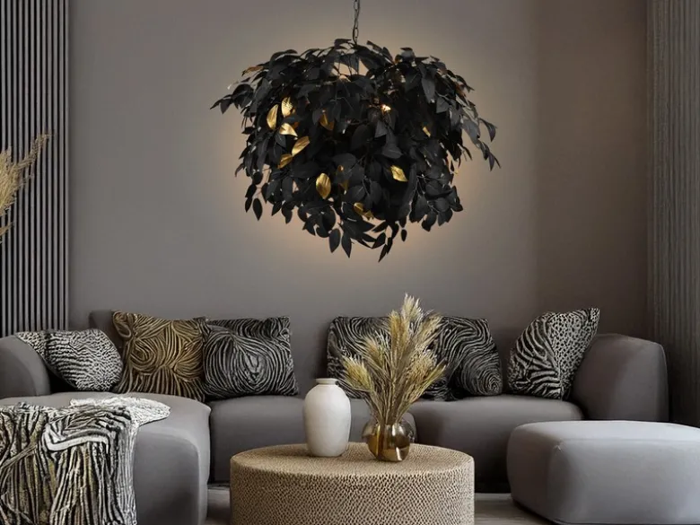 Große LED Pendelleuchte Blätter Lampenschirm Schwarz Gold, Ø 70cm