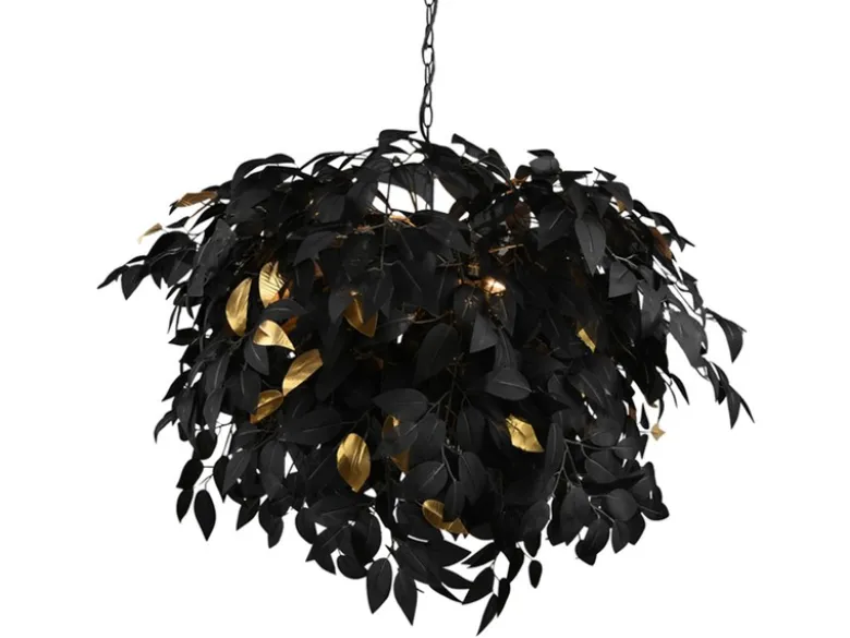 Große LED Pendelleuchte Blätter Lampenschirm Schwarz Gold, Ø 70cm