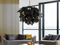 Große LED Pendelleuchte Blätter Lampenschirm Schwarz Gold, Ø 70cm