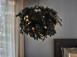 Große LED Pendelleuchte Blätter Lampenschirm Schwarz Gold, Ø 70cm