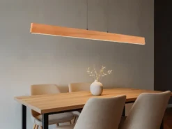 Große LED Pendelleuchte EDGEWOOD mit Holz, dimmbar & höhenverstellbar, B: 150cm