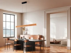 Große LED Pendelleuchte EDGEWOOD mit Holz, dimmbar & höhenverstellbar, B: 150cm