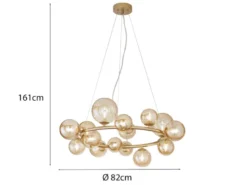 Große LED Pendelleuchte 16-flammig Gold-Glaskugeln Bernsteinfarbig, Ø 82cm