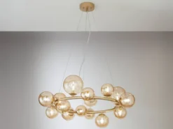 Große LED Pendelleuchte 16-flammig Gold-Glaskugeln Bernsteinfarbig, Ø 82cm