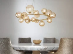 Große LED Pendelleuchte 16-flammig Gold-Glaskugeln Bernsteinfarbig, Ø 82cm