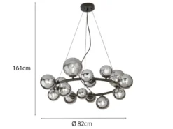 Große LED Pendelleuchte 16-flammig Schwarz-Glaskugeln Rauchglas, Ø 82cm