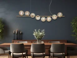 Große LED Pendelleuchte 8-flammig Gold-Glaskugeln Bernstein, Breite 145cm