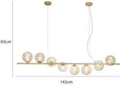 Große LED Pendelleuchte 8-flammig Gold-Glaskugeln Bernstein, Breite 145cm