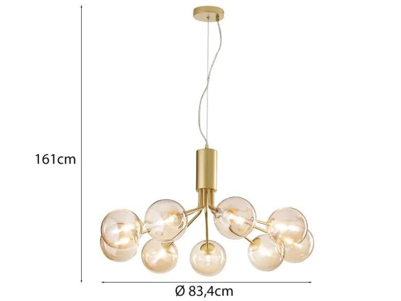 Große LED Pendelleuchte 9-flammig Gold-Glakugeln Bernsteinfarbig, Ø 83cm