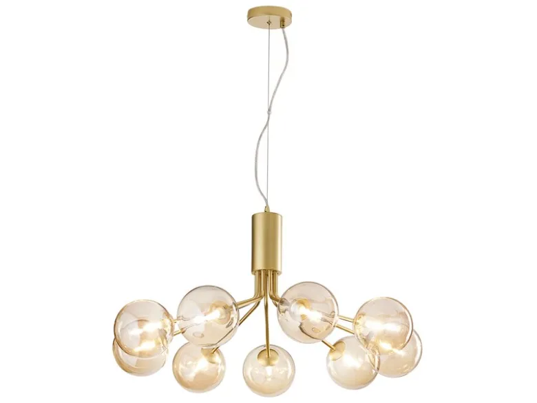 Große LED Pendelleuchte 9-flammig Gold-Glakugeln Bernsteinfarbig, Ø 83cm