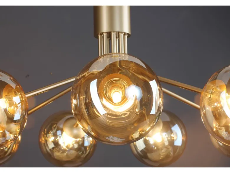 Große LED Pendelleuchte 9-flammig Gold-Glakugeln Bernsteinfarbig, Ø 83cm
