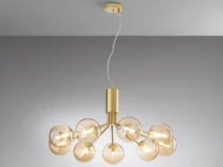 Große LED Pendelleuchte 9-flammig Gold-Glakugeln Bernsteinfarbig, Ø 83cm