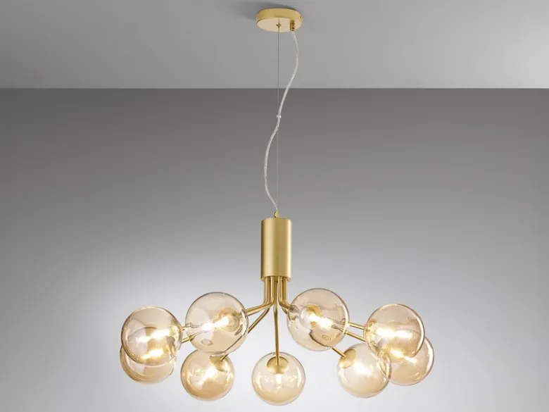 Große LED Pendelleuchte 9-flammig Gold-Glakugeln Bernsteinfarbig, Ø 83cm