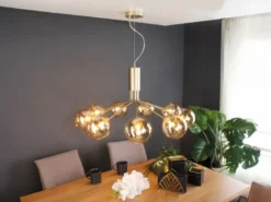 Große LED Pendelleuchte 9-flammig Gold-Glakugeln Bernsteinfarbig, Ø 83cm