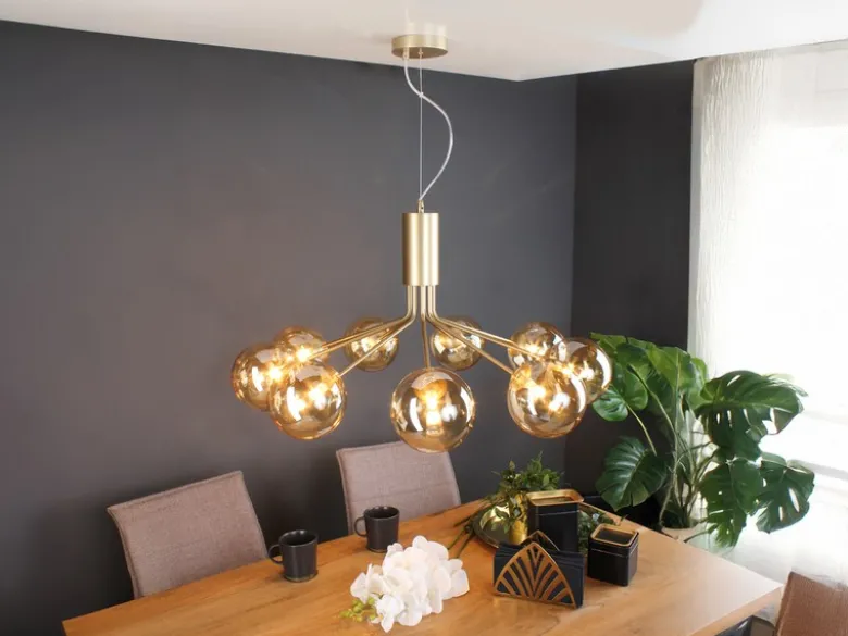 Große LED Pendelleuchte 9-flammig Gold-Glakugeln Bernsteinfarbig, Ø 83cm
