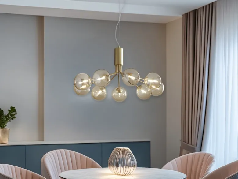 Große LED Pendelleuchte 9-flammig Gold-Glakugeln Bernsteinfarbig, Ø 83cm