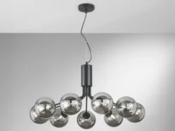 Große LED Pendelleuchte 9-flammig Schwarz mit Glaskugeln Rauchglas, Ø 83cm