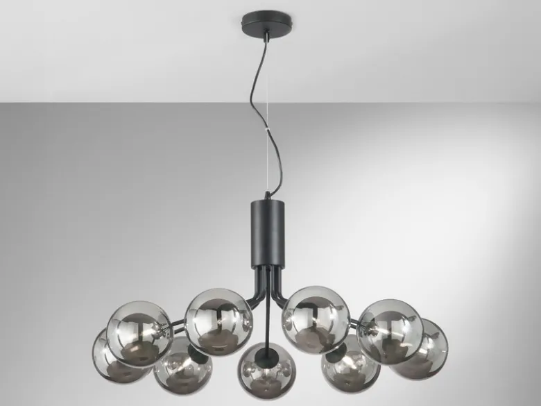 Große LED Pendelleuchte 9-flammig Schwarz mit Glaskugeln Rauchglas, Ø 83cm