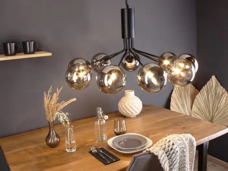 Große LED Pendelleuchte 9-flammig Schwarz mit Glaskugeln Rauchglas, Ø 83cm