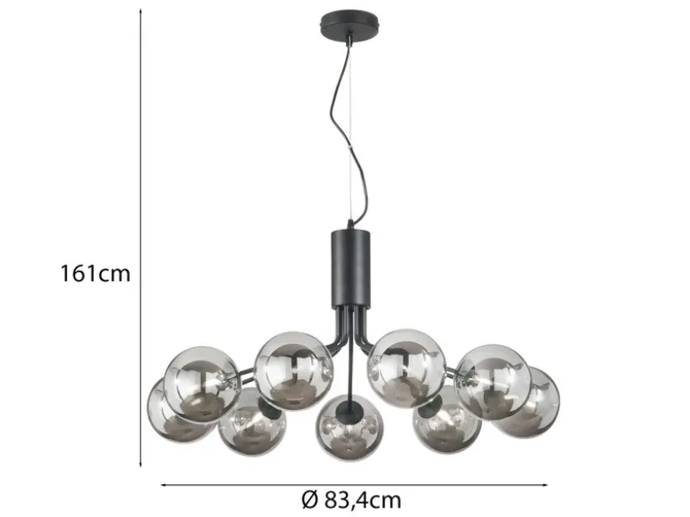 Große LED Pendelleuchte 9-flammig Schwarz mit Glaskugeln Rauchglas, Ø 83cm