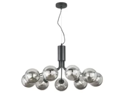 Große LED Pendelleuchte 9-flammig Schwarz mit Glaskugeln Rauchglas, Ø 83cm