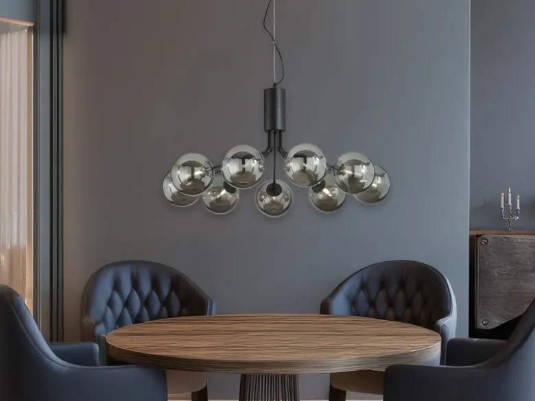 Große LED Pendelleuchte 9-flammig Schwarz mit Glaskugeln Rauchglas, Ø 83cm