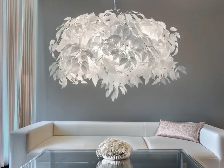 Große LED Pendelleuchte mit Blätter Lampenschirm in Weiß Ø 70cm