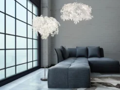 Große LED Pendelleuchte mit Blätter Lampenschirm in Weiß Ø 70cm