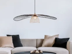Große LED Pendelleuchte mit Gitter Lampenschirm Schwarz Gold, Ø 100cm