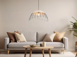 Große LED Pendelleuchte mit Lampenschirm aus Rattan & Draht, Ø 48cm