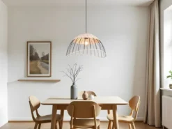 Große LED Pendelleuchte mit Lampenschirm aus Rattan & Draht, Ø 48cm