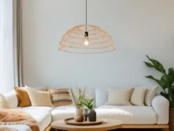 Große LED Pendelleuchte mit Makramee Lampenschirm aus Papiergarn, Ø 60cm
