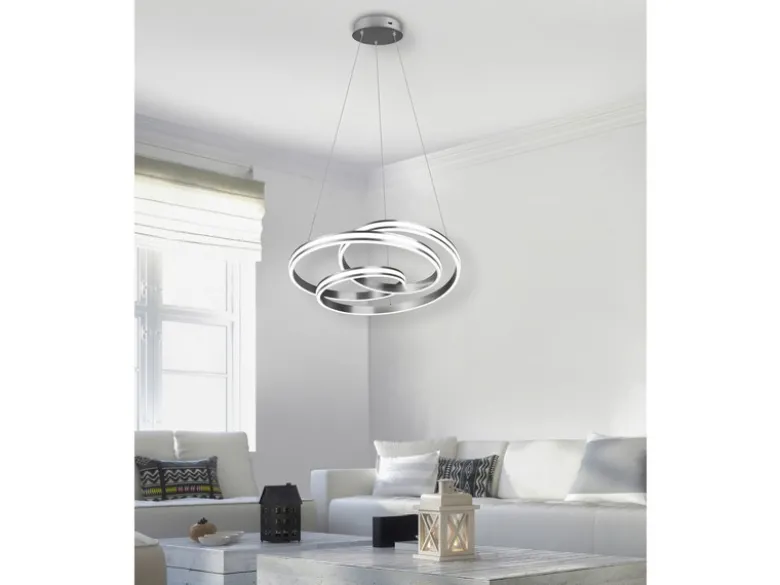 Große LED Pendelleuchte NURIA dimmbar geschwungen Silber, Ø 60cm