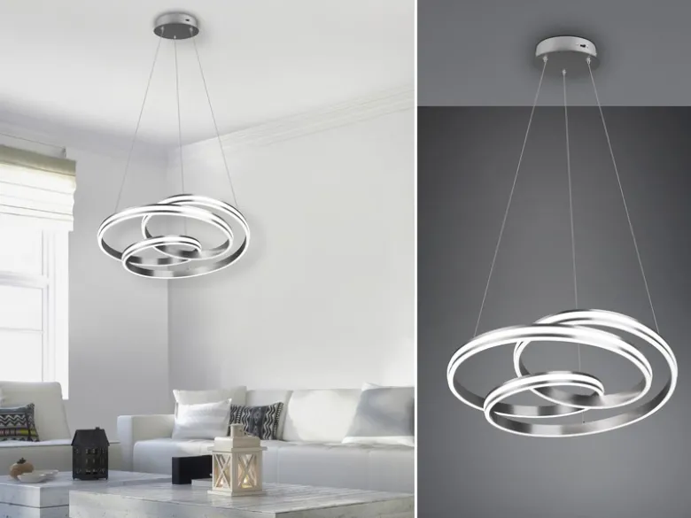 Große LED Pendelleuchte NURIA dimmbar geschwungen Silber, Ø 60cm