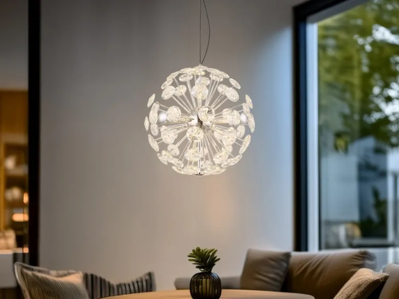 Große LED Pendelleuchte VIRINA Silber Kugellampe aus K9 Kristallen, Ø 45cm