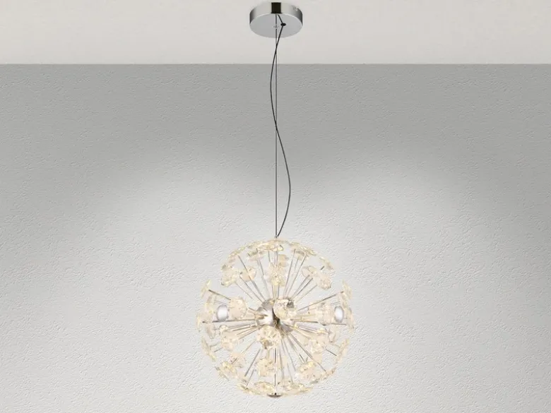Große LED Pendelleuchte VIRINA Silber Kugellampe aus K9 Kristallen, Ø 45cm