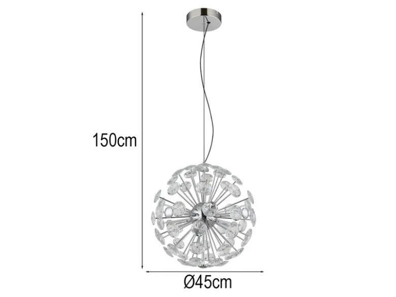 Große LED Pendelleuchte VIRINA Silber Kugellampe aus K9 Kristallen, Ø 45cm