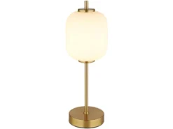Große LED Retro Tischleuchte EWALD aus Metall in Messing & Opalglas, Höhe 40cm