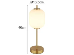 Große LED Retro Tischleuchte EWALD aus Metall in Messing & Opalglas, Höhe 40cm