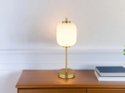 Große LED Retro Tischleuchte EWALD aus Metall in Messing & Opalglas, Höhe 40cm