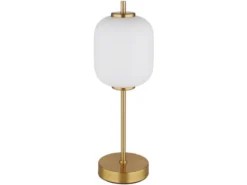 Große LED Retro Tischleuchte EWALD aus Metall in Messing & Opalglas, Höhe 40cm