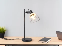 Große LED Schreibtischleuchte mit Rattan & Gitter Lampenschirm, Höhe 50cm