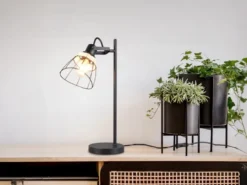 Große LED Schreibtischleuchte mit Rattan & Gitter Lampenschirm, Höhe 50cm
