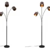 Große LED Stehleuchte 3-flammig mit Stoffschirmen in Taupe/Gold, Höhe 185cm